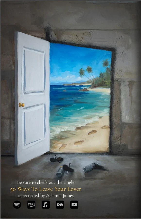 Back cover: a white door opens from a gray room onto a bright beach, with footprints in the sand.