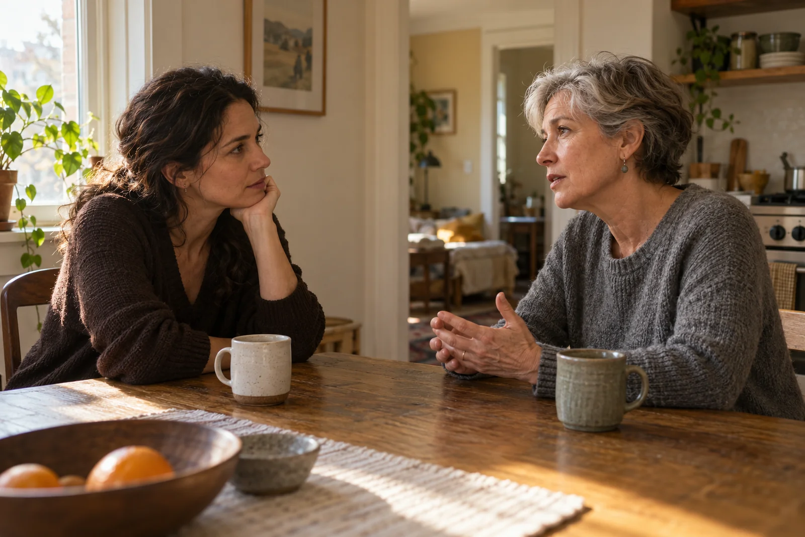 Illustrative photograph of two women listening and talking at a kitchen table