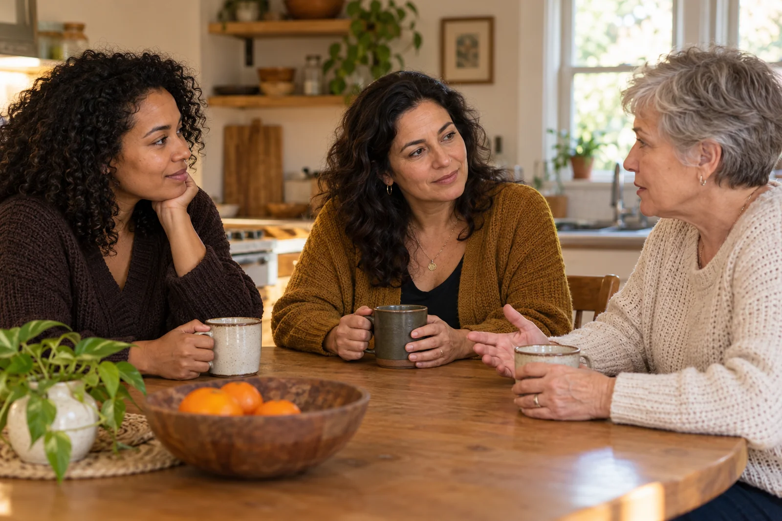 Illustrative photograph of three women sharing a thoughtful conversation at a kitchen table